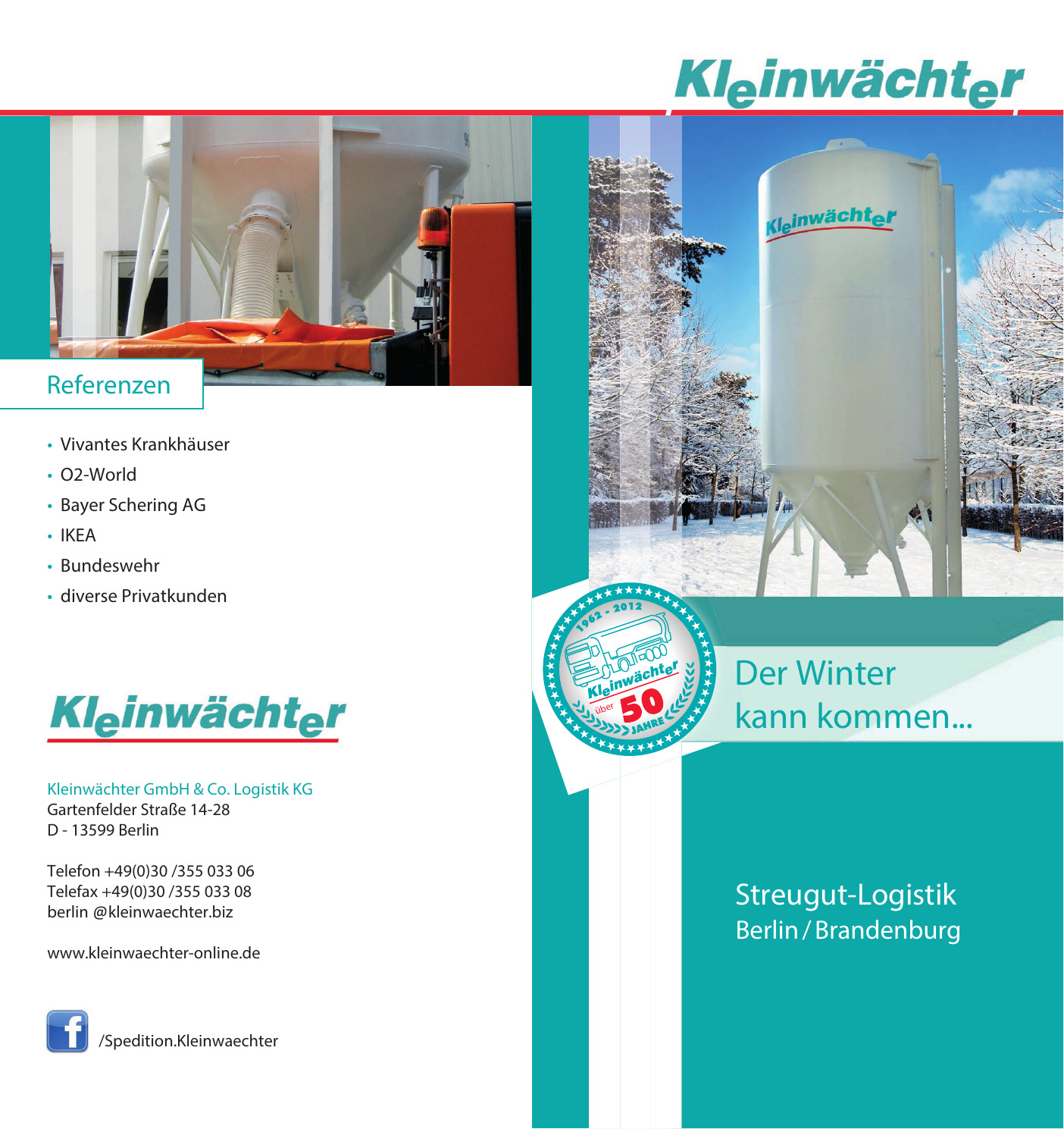 Streugut-Flyer von Kleinwächter, Seite 1 mit Vorratssilo und Referenzen